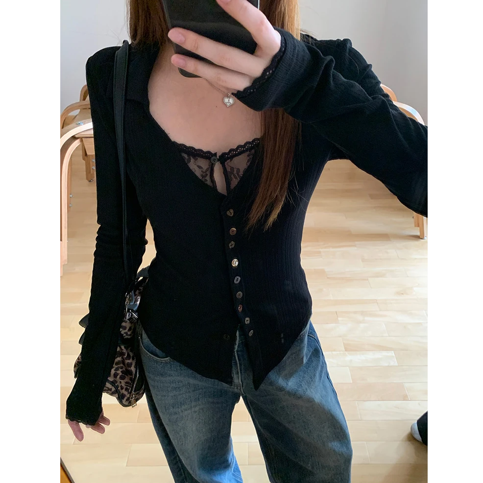 针织开衫女秋冬超好看独特漂亮上衣设计感蕾丝黑色外套