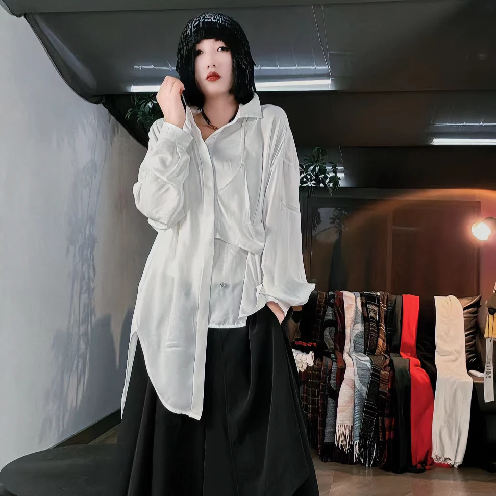 2024新款拼接不对称衬衫女设计师款不规则时尚宽松百搭长袖上衣潮