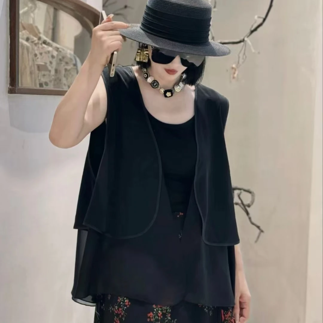 2024夏季双层拼纱马甲新款小众设计女高级感时尚百搭轻薄宽松坎肩