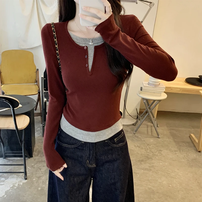 拼接撞色假两件长袖恤女秋冬新款修身显瘦内搭打底上衣