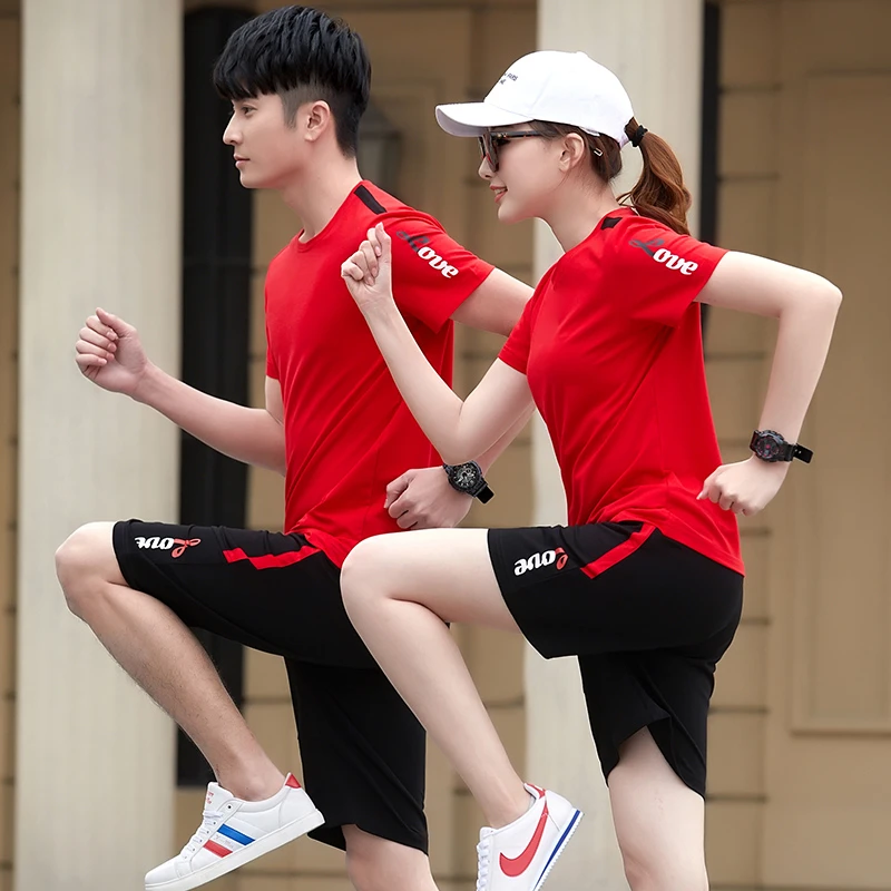 2025年夏季休闲短袖短裤运动套装男女团购薄款情侣装跑步服两件套