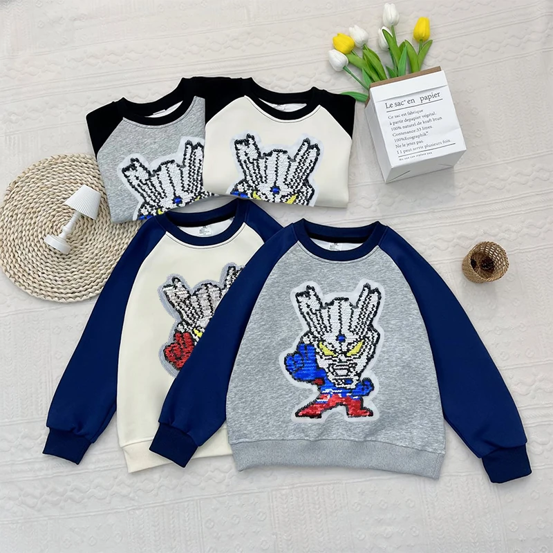 童装新款春秋季华棉插肩亮片赛罗潮酷炸街圆领百搭卫衣男中大儿童