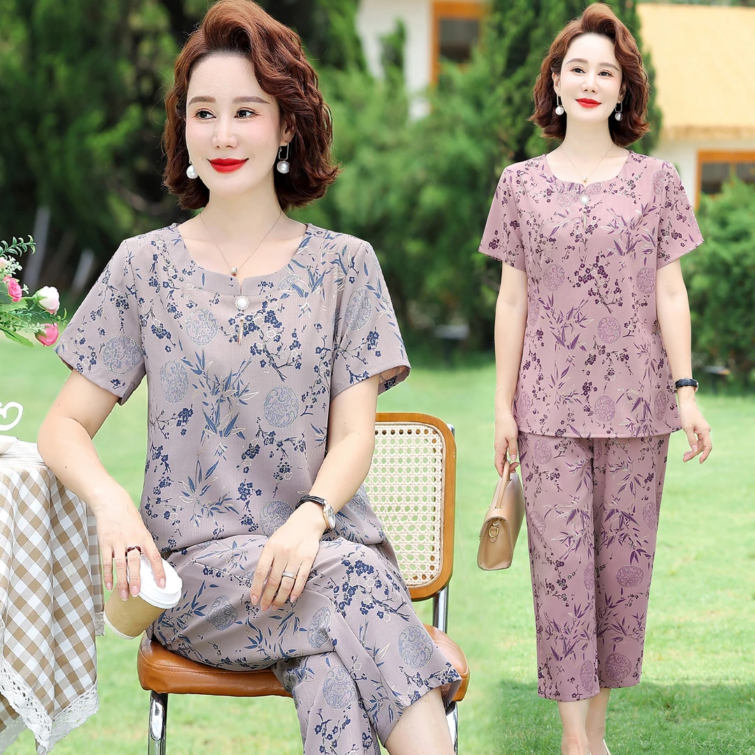 A920妈妈装夏款短袖洋气套装中老年气质女装宽松休闲两件套