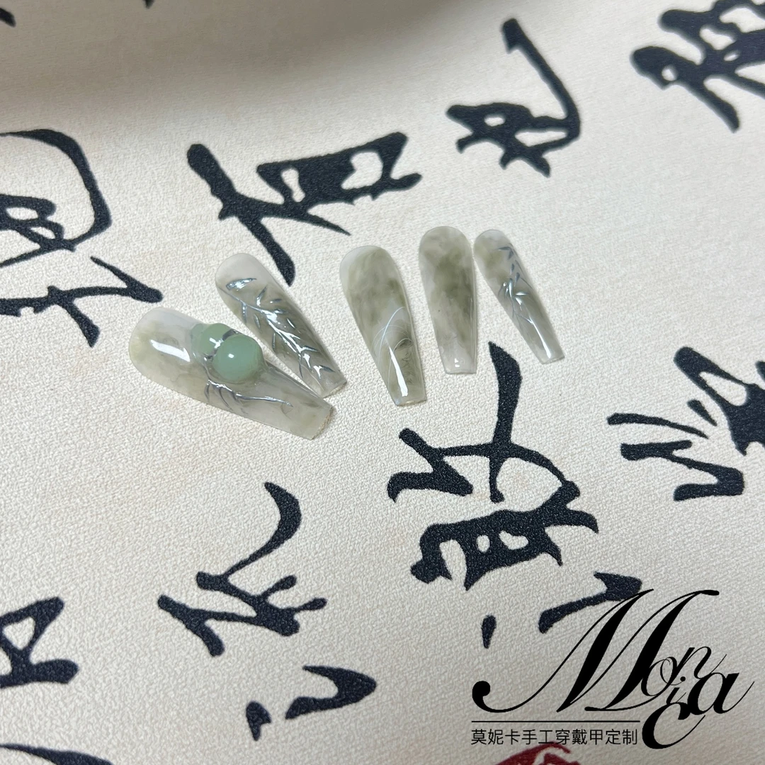 【 碧落】莫妮卡穿戴甲国风系晕染手绘竹叶美甲夏日纯手工穿戴甲