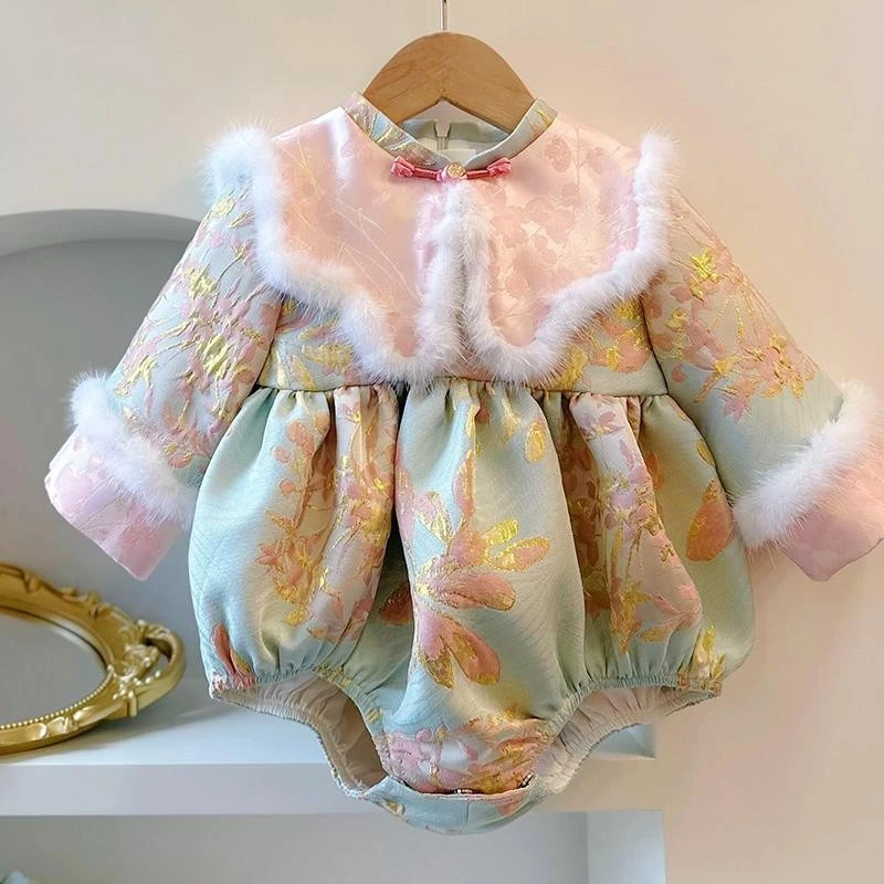 周岁女宝礼服旗袍百天满月生日拜年秋冬粉色包屁国风抓周中式唐装