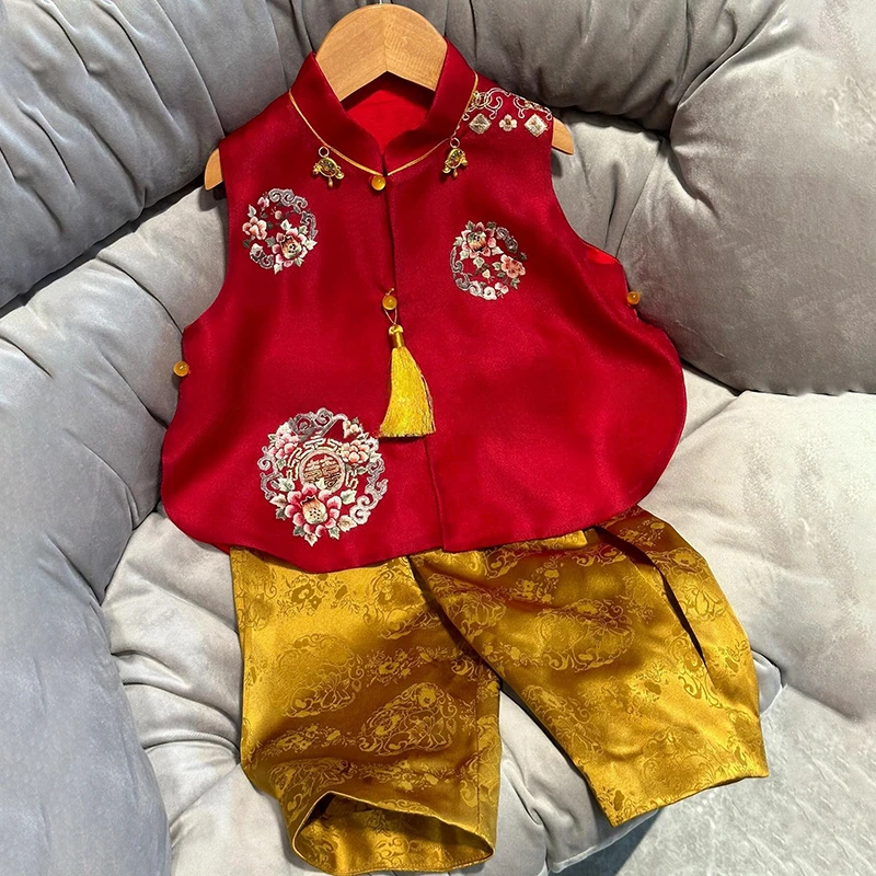 周岁男宝礼服春秋新款桑蚕丝洋气国风满月百天生日抓周宴中式唐装