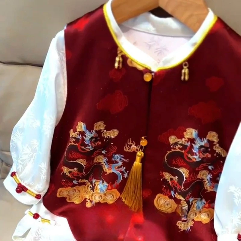 周岁男宝百天满月礼服红色高级中式真丝洋气中国风定制抓周宴唐装