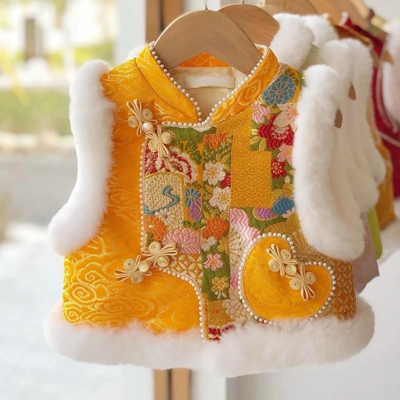 周岁女宝礼服冬季中式国风旗袍马甲百天满月生日布置礼物抓周唐装