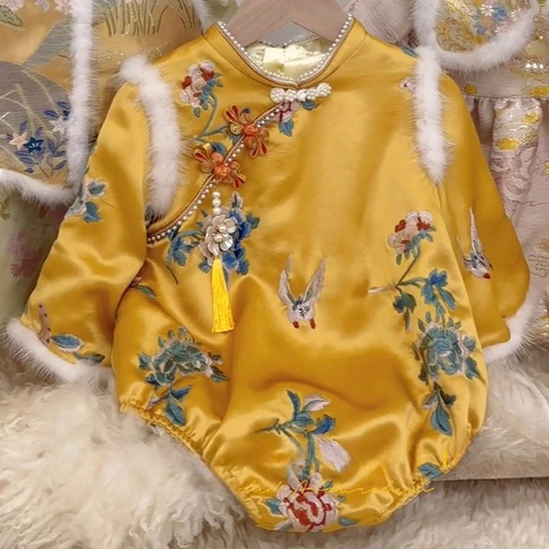 周岁女宝礼服秋冬满月百天生日国风真丝旗袍包屁衣布置抓周宴唐装