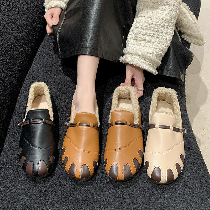 冬季加绒豆豆鞋女休闲百搭平底保暖软底鞋子女防滑一脚蹬毛毛鞋