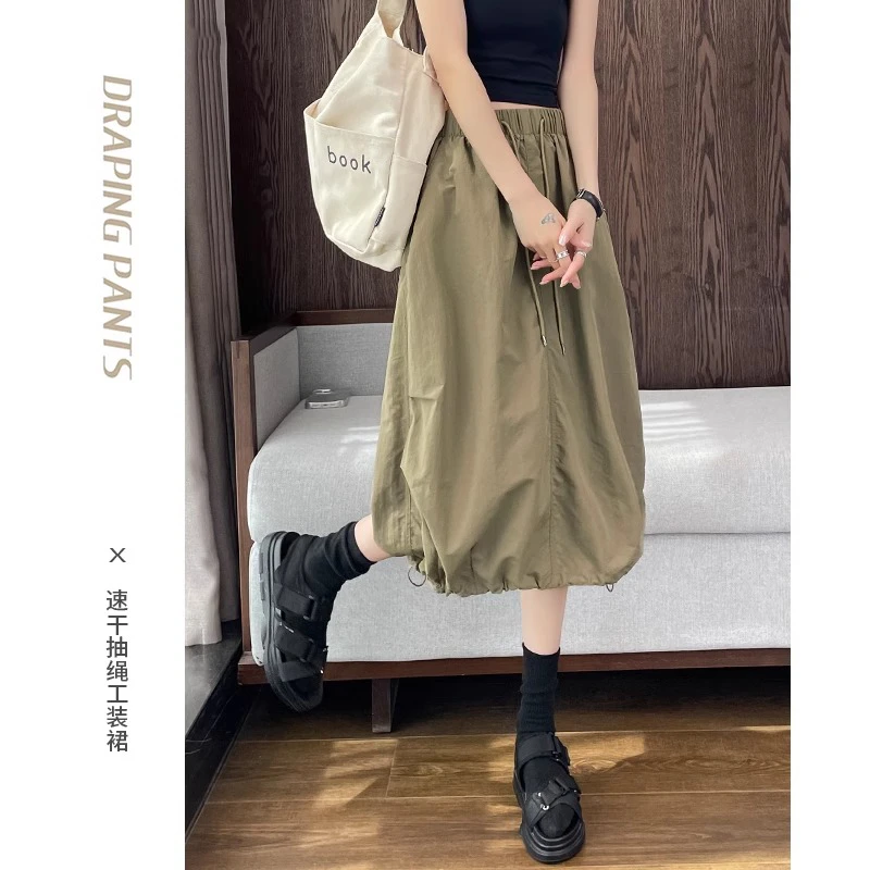 美式速干工装裙女夏季薄款2024新款a字伞裙中长款蓬蓬花苞半身裙