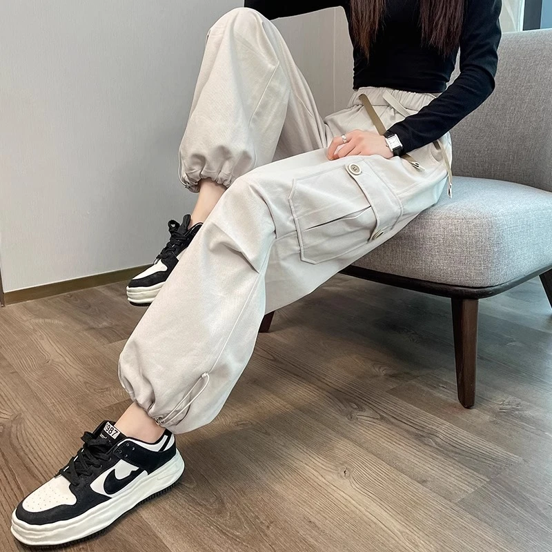 工装裤女春秋季美式高腰小个子直筒宽松束脚休闲裤百搭阔腿运动裤