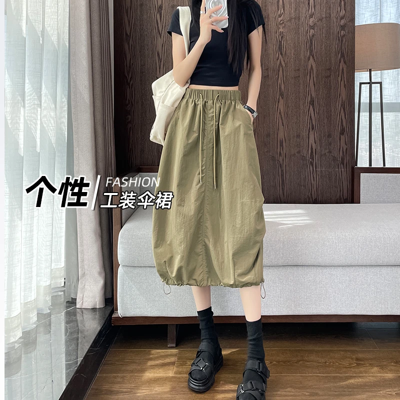 美式速干工装半身裙女夏季薄款2024新款复古高腰a字中长款伞裙子