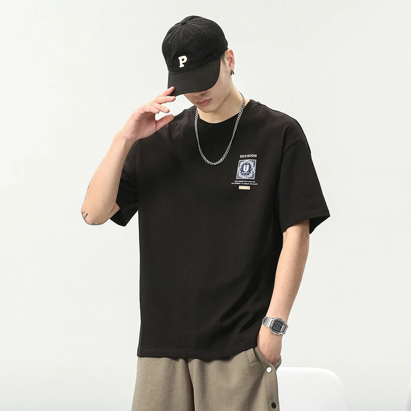 8007#纯棉U刺绣印花圆领T恤透气男士短袖夏季薄款上衣潮流百搭