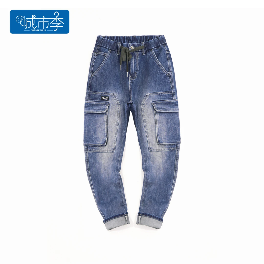 城市李6088春秋新款休闲工装风牛仔裤长裤松紧腰修身小脚大码男士