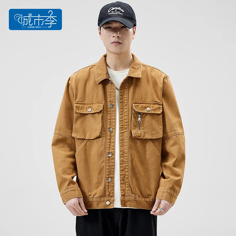 城市李5022#春季三色男士牛仔夹克多袋复古宽松潮流百搭多口袋