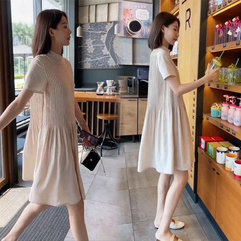 百搭夏慵懒褶皱薄款宽松休闲温柔纯色简约遮肉显瘦大码洋气连衣裙