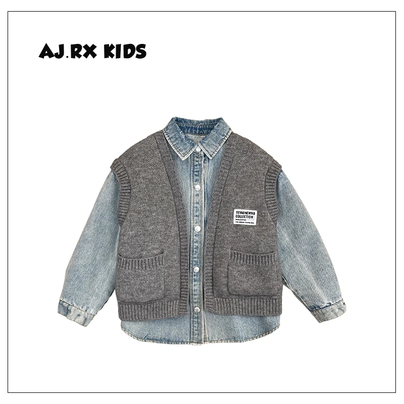 【向子·现货】冬装儿童日系毛衣拼接假两件保暖牛仔外套MPG0107