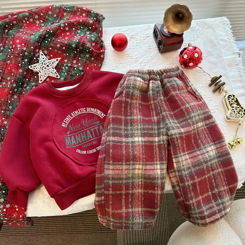 【小向子 现货】冬装儿童复古格子设计宽松加绒阔腿裤HDM3458