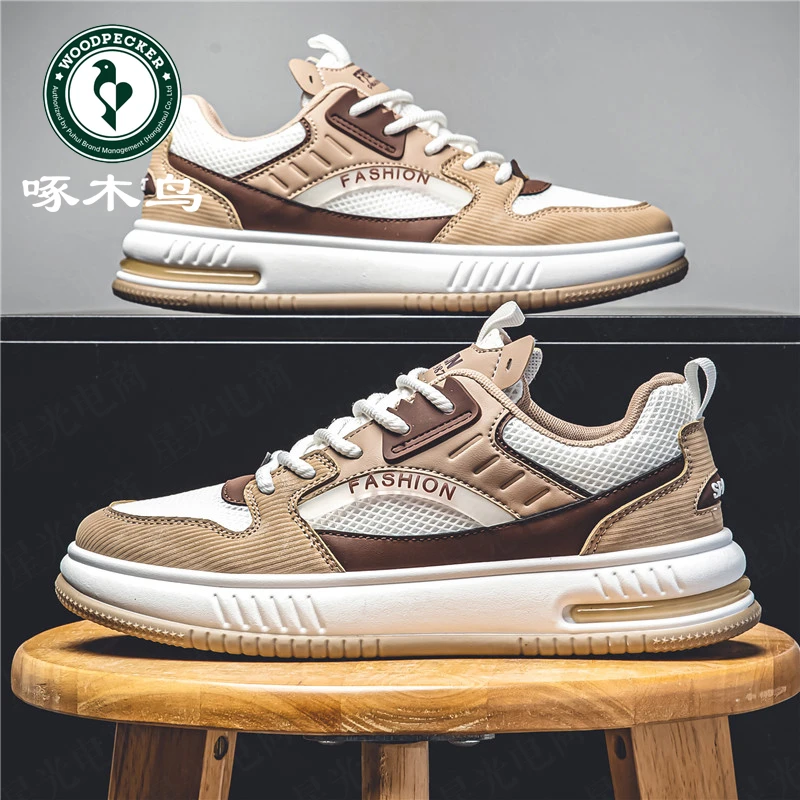 啄木鸟春夏透气男鞋防滑耐磨运动休闲板鞋男款厚底百搭轻便网面鞋