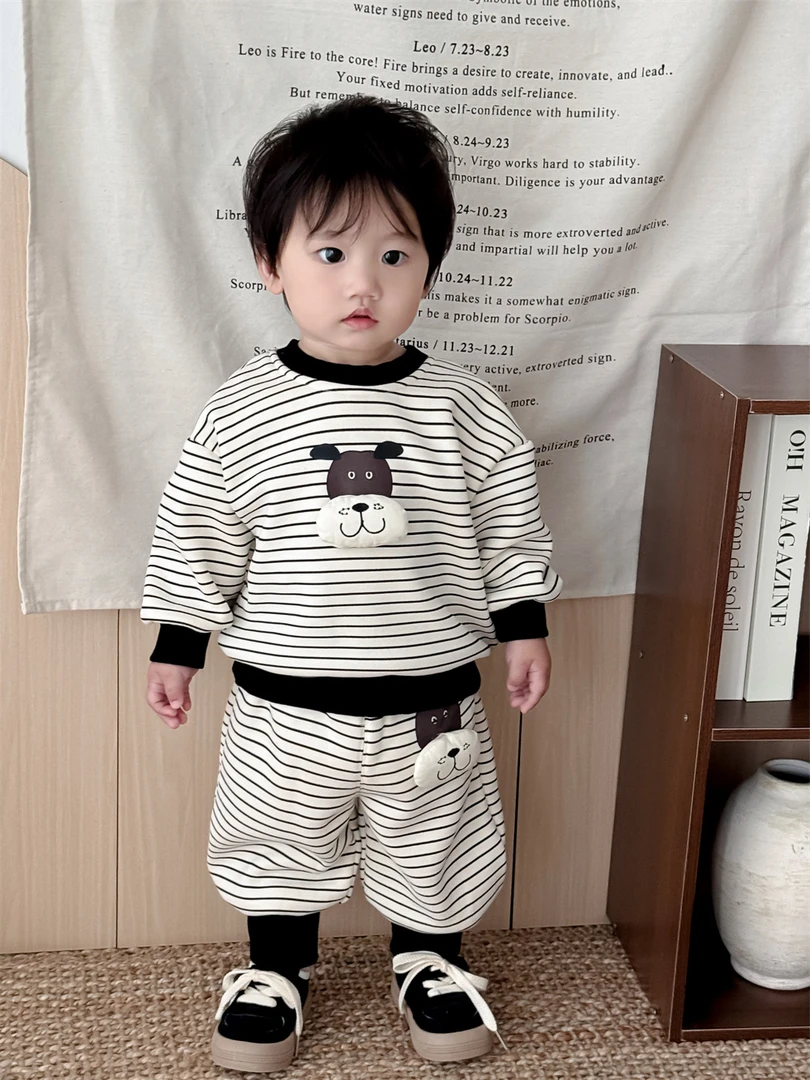 YOYO【漫画狗】男宝宝秋冬加绒条纹卫衣裤子两件套一体绒保暖套装潮