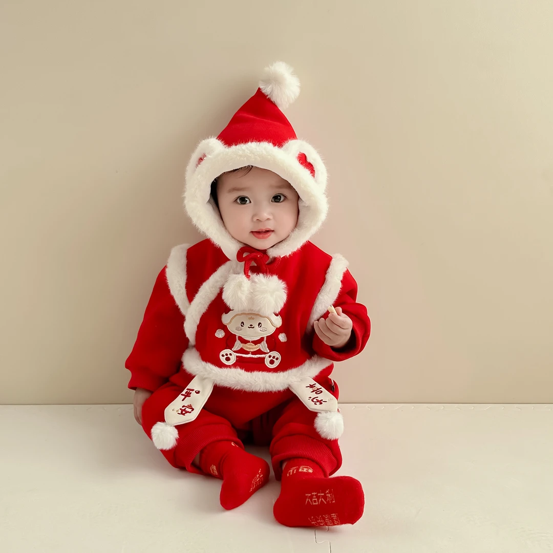 yoyo【平安喜乐】婴儿拜年服连体衣冬季国潮风加绒爬服宝宝过年衣服