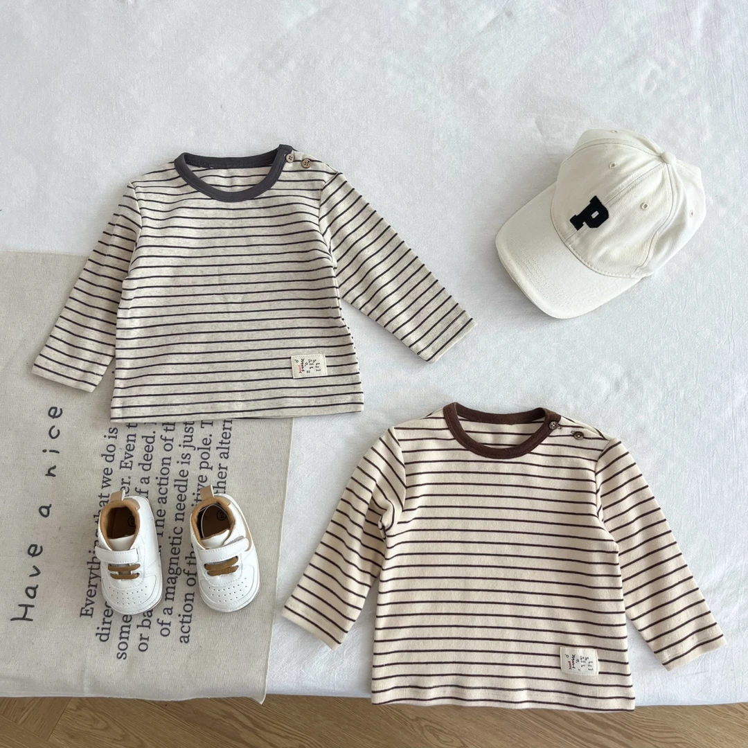 2024春季婴儿条纹打底衫春装宝宝棉质贴标长袖T恤