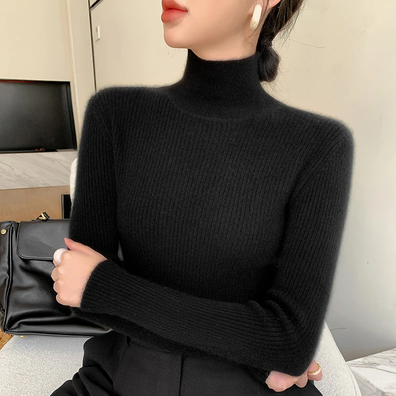 刘诗诗同款黑色打底毛衣毛衣女中高领针织套头百搭修身显瘦半高领