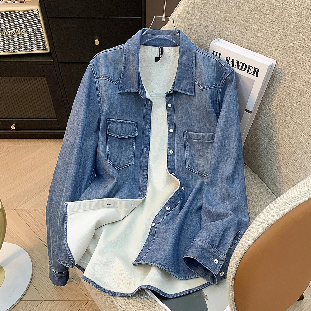 保暖复古牛仔衬衣女长袖秋冬时尚小众气质加厚保暖宽松衬衫上衣