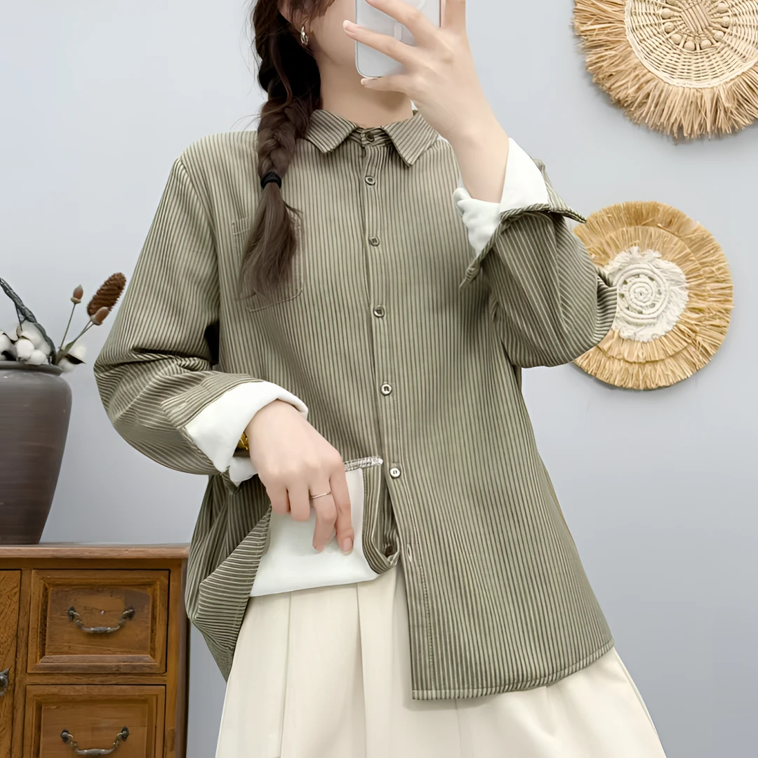 秋冬新款纯棉加绒加厚条纹衬衫女士长袖宽松显瘦衬衣打底百搭外套