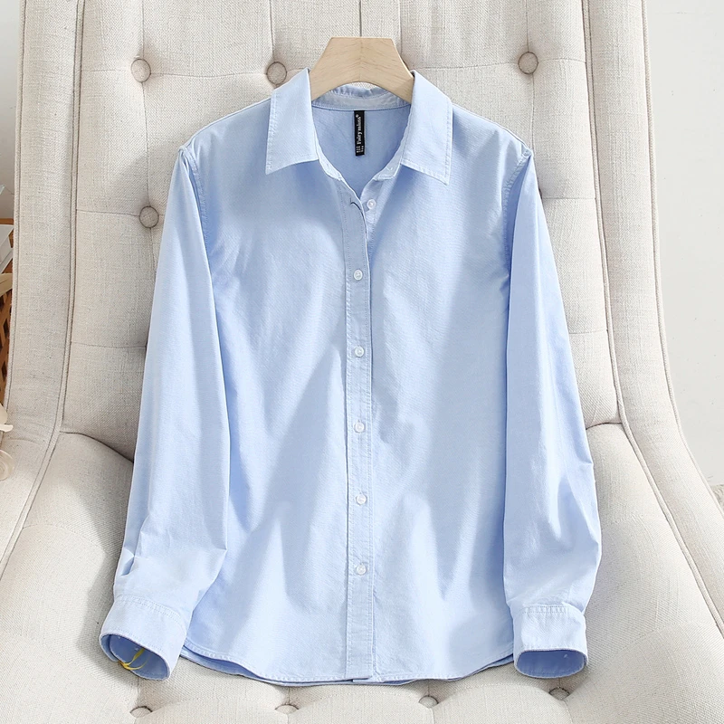 秋冬新款长袖白衬衣女纯棉白衬衫简约宽松内搭单穿打底蓝色上衣