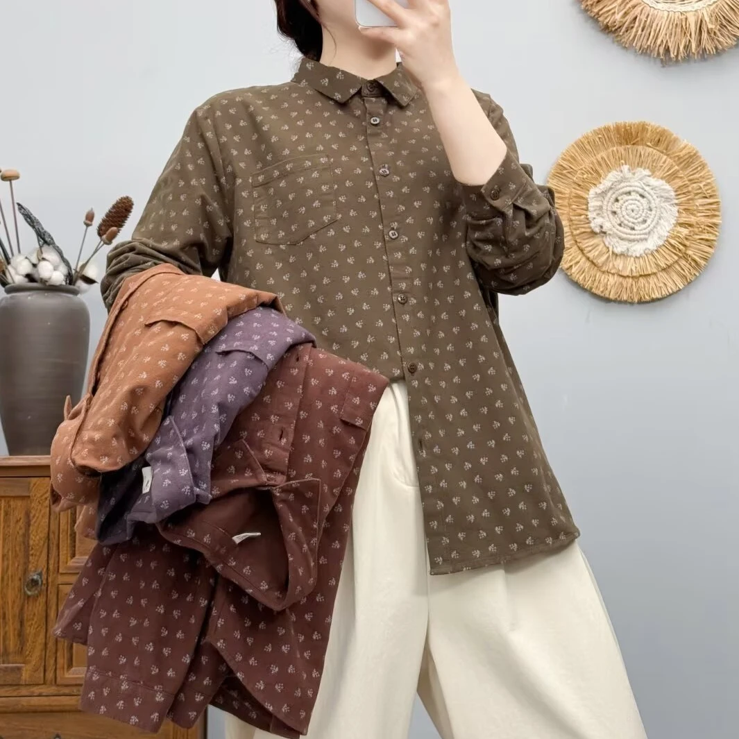 秋冬新款森女系复古印花磨毛衬衫女显瘦百搭休闲上衣加厚衬衣外套