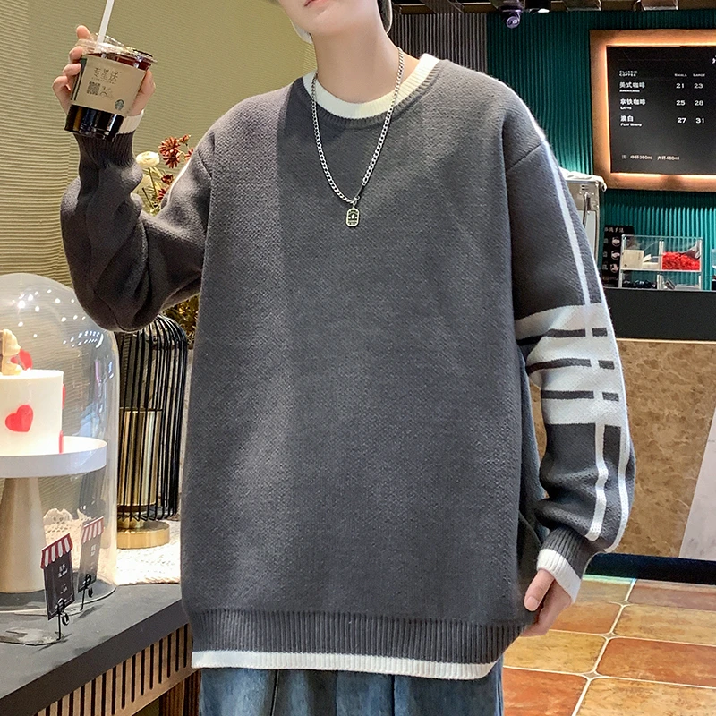 冬季新款男士圆领毛衣青少年加厚保暖秋款打底针织衫条纹线衣学生