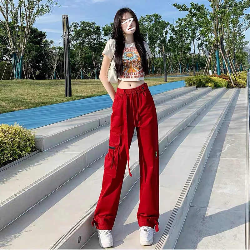 红色工装裤女高街设计感直筒阔腿休闲裤子潮默认瑕疵