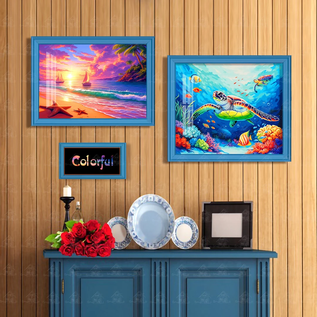 【进口棉布】十字绣爱阁美丽海滩海底世界两联画客厅装饰手工线绣