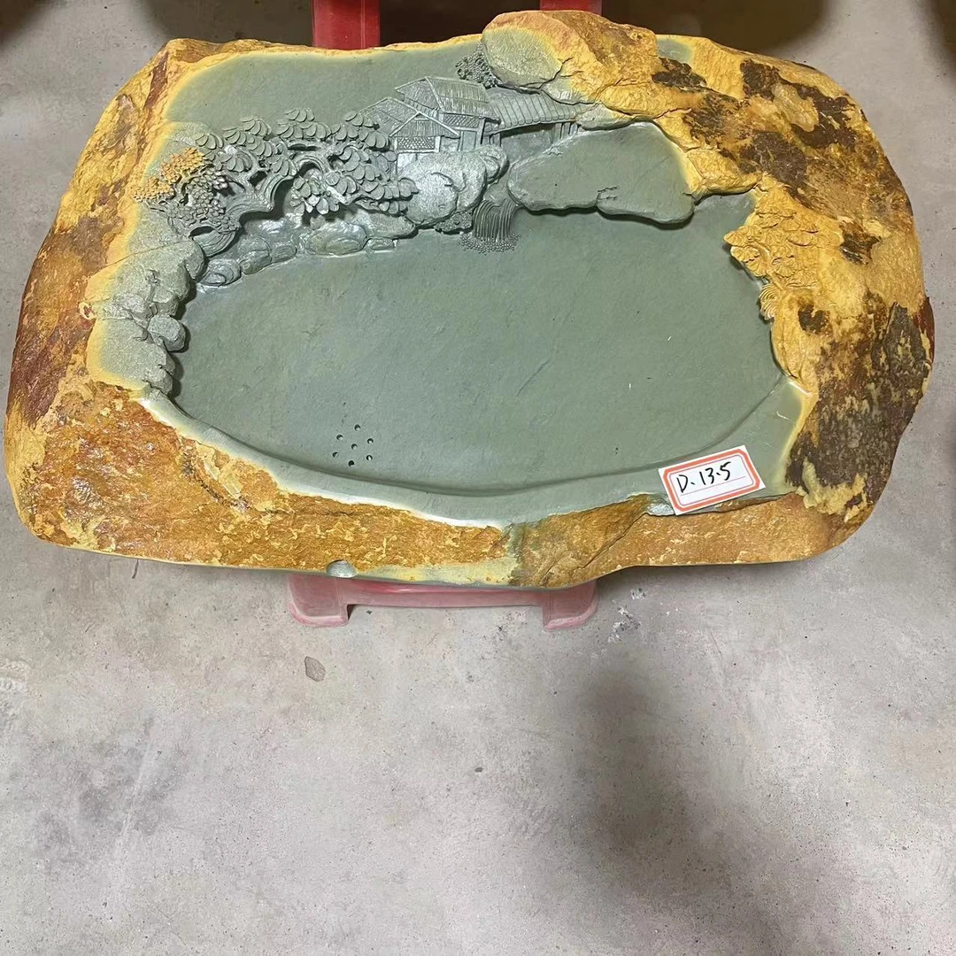 【德砚堂】纯手工制作高端纯天然黄皮绿端山水端砚茶盘砚台