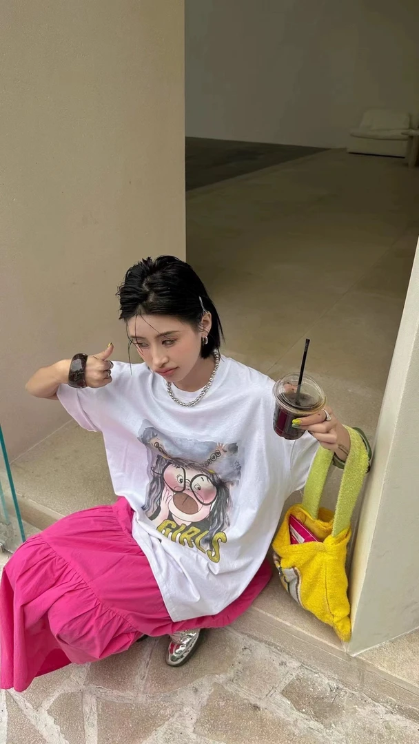 扣号链接HO女装宽松纯棉短袖夏季复古T恤女遮肚上衣