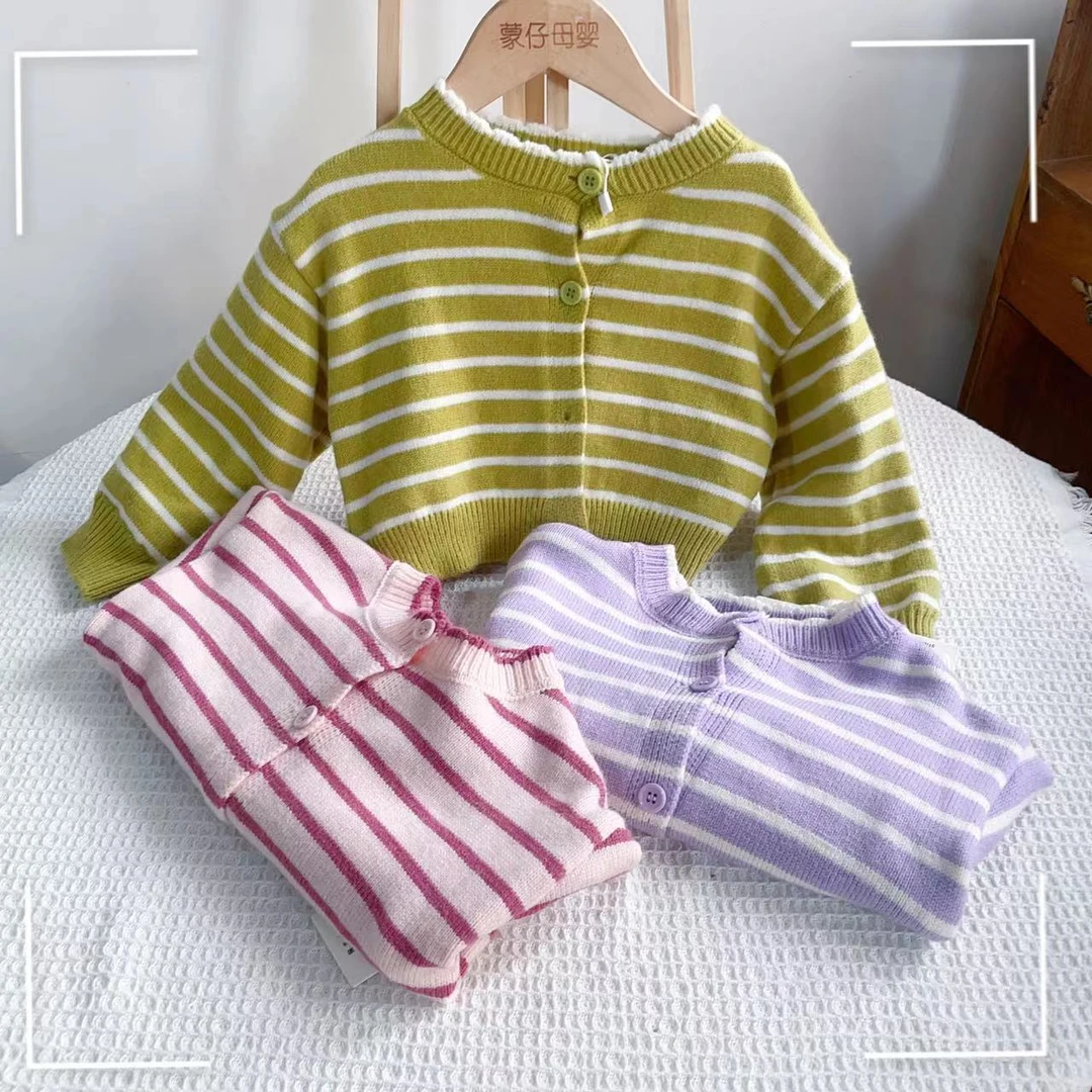 茜【花边领80051】秋款条纹儿童毛衣开衫