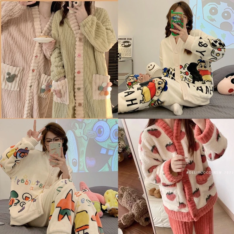 【睡衣合集】秋冬款加厚乌龙桃睡袍宽松印花小香风骑行保暖睡衣套装