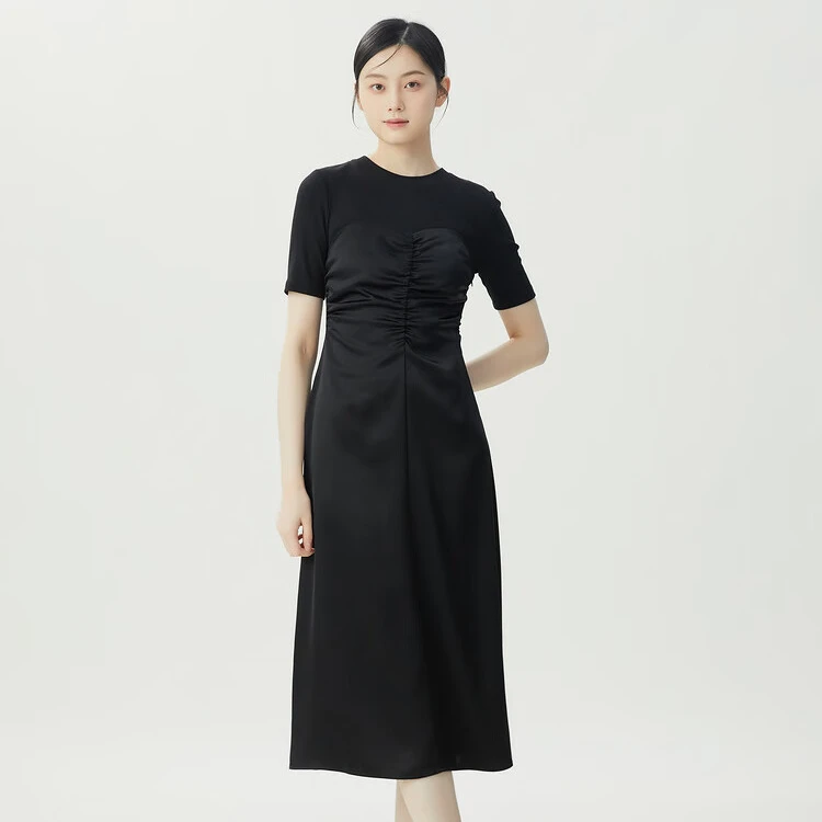 AMASS/阿玛施新款气质圆领短袖拼接色丁三醋酸中长连衣裙 5500570