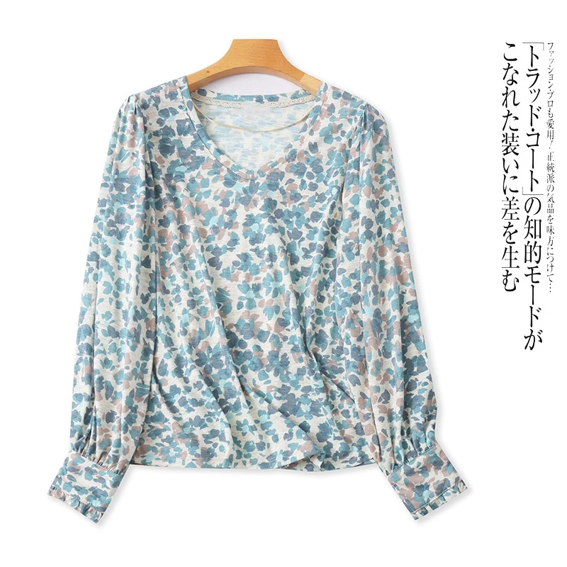 P2376外贸欧美单女士长袖T恤V领套头碎花宽松大码胖MM时尚上衣