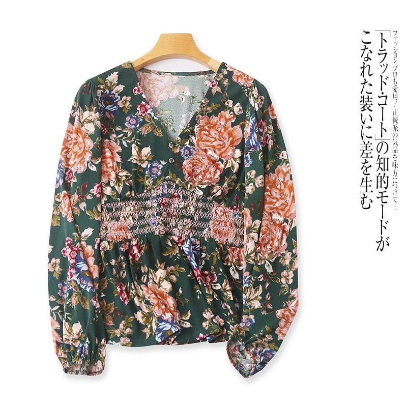 O3122外贸欧美单女士上衣V领长袖显瘦收腰复古印花时尚衬衫