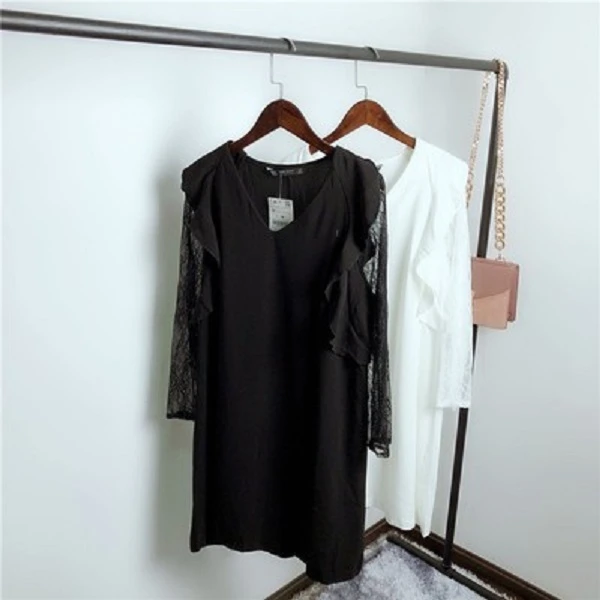 BB674外贸性感蕾丝拼接袖管气质休闲女士中长款V领连衣裙