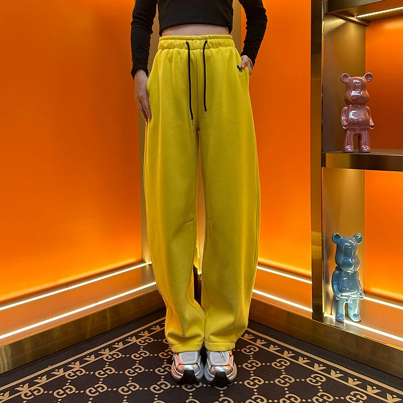 205加绒加厚小马刺绣直筒弯刀裤2024冬季新款高腰显瘦宽松休闲裤