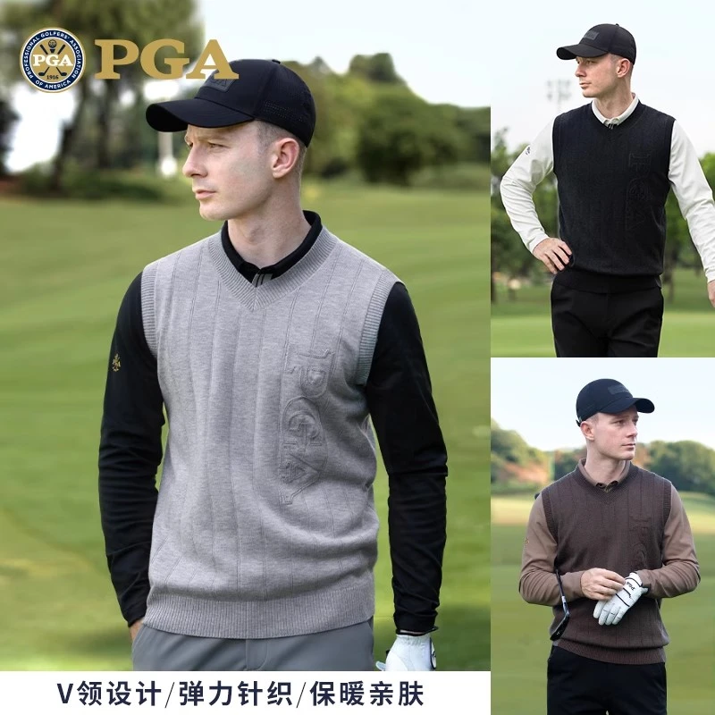 PGA 高尔夫服装男装马甲毛衣背心秋冬季保暖V领针织衫golf上衣