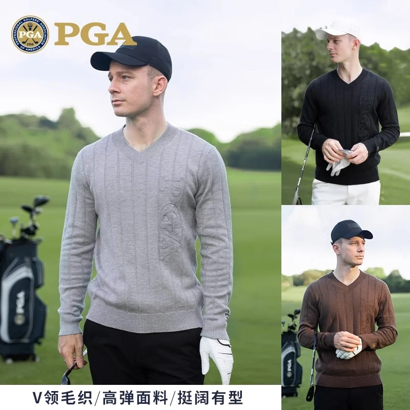 PGA 高尔夫服装男装长袖毛衣秋冬季保暖绵羊毛V领针织衫golf上衣