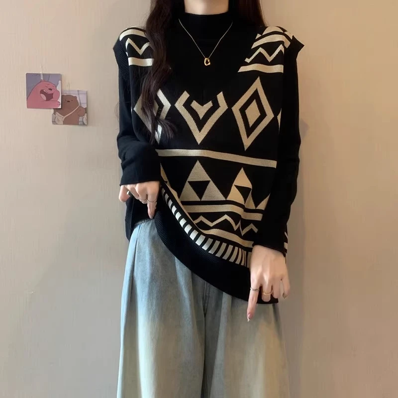 微胖妹妹大码菱格针织打底衫马甲背心女秋冬季显瘦遮肉两件套上衣