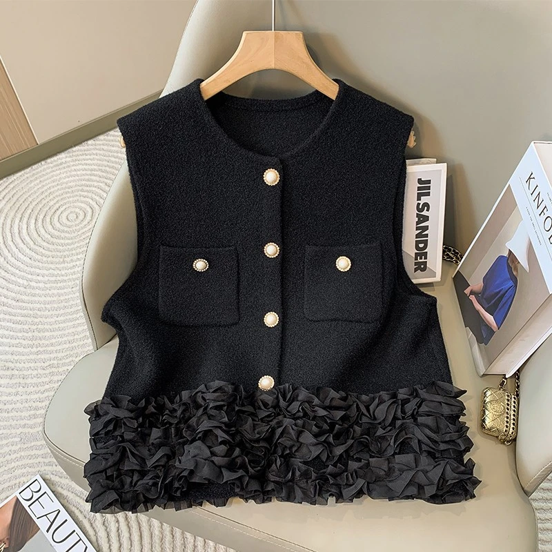 微胖妹妹大码立体花瓣毛呢马甲女冬季高级感小香风背心上衣外套潮