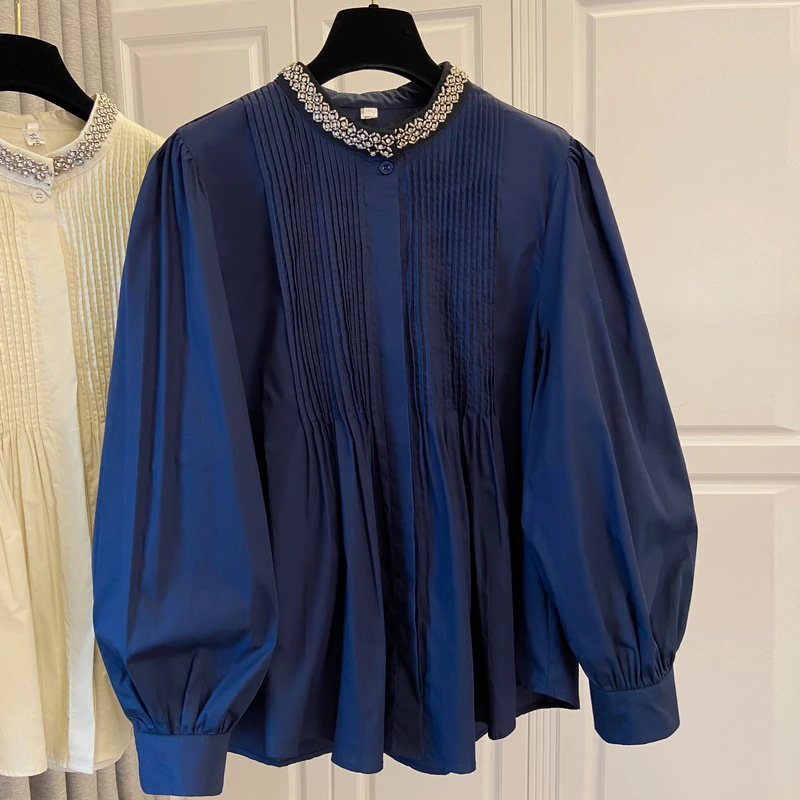 微胖妹妹大码褶皱设计感长袖衬衫女2024秋季法式宽松蓝色别致上衣