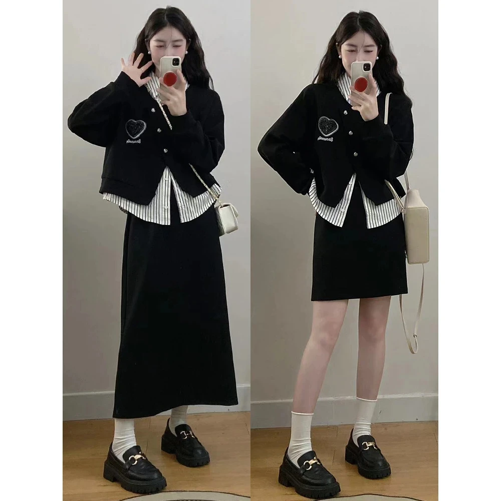 微胖妹妹大码秋冬小香风长袖宽松假两件衬衣高腰半身裙时尚套装女